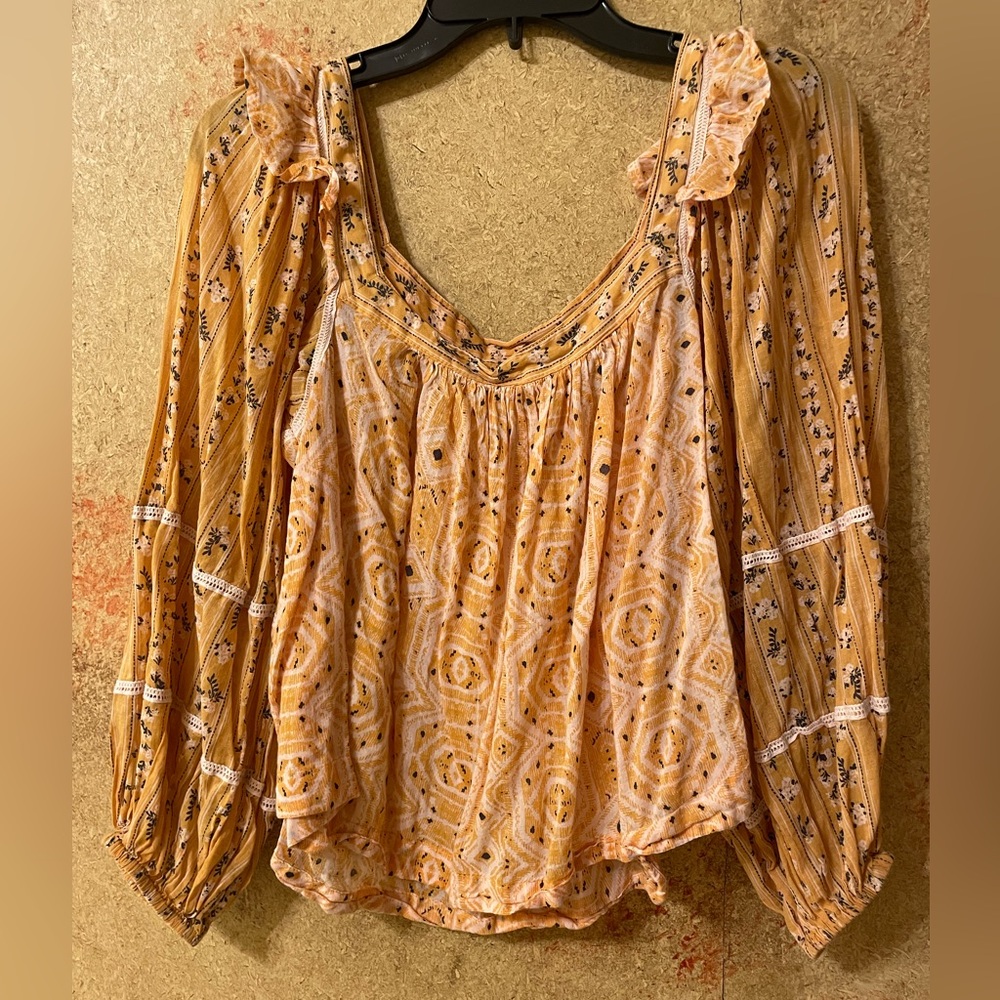 Yellow Floral Free People peasant blouse size SP